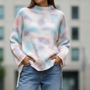 POL Dreamy Pastel Splash Print Mock Sweater Large Oversize Hi Low Hem Ribbed